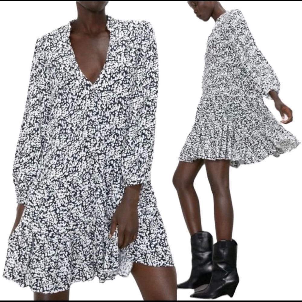 NEW Zara Swing Dress Claris V Neck Black and White Print L